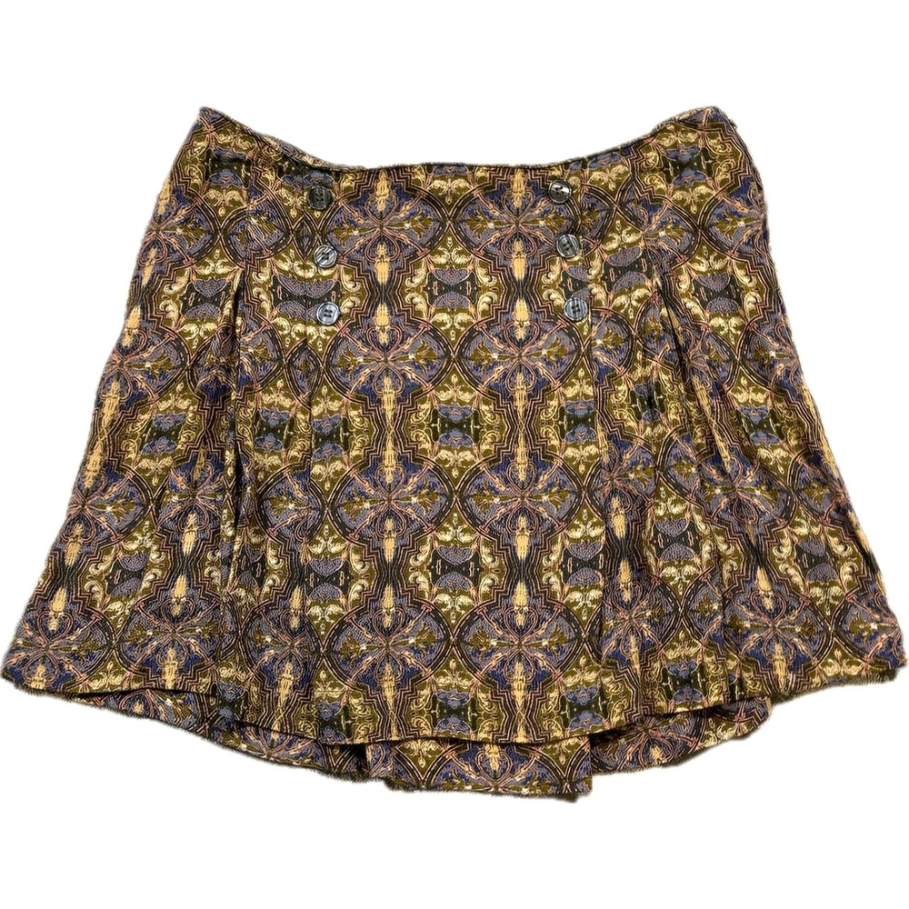 Free People Lovers Lane Printed Mini Skirt Size 8 Blue Green Gold Boho Pleated